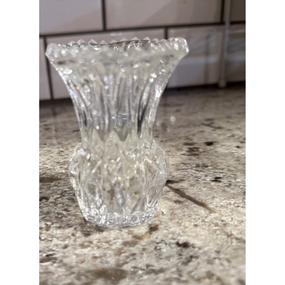 Vintage Miniature Crystal Bud Vase 3 inch Sawtooth Rim Diamond Cut Glass Clear